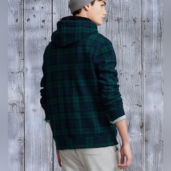 POLO RALPH LAUREN • BOY’S FLEECE BLACKWATCH PLAID HOODIE • green sherpa blue - Picture 3 of 9